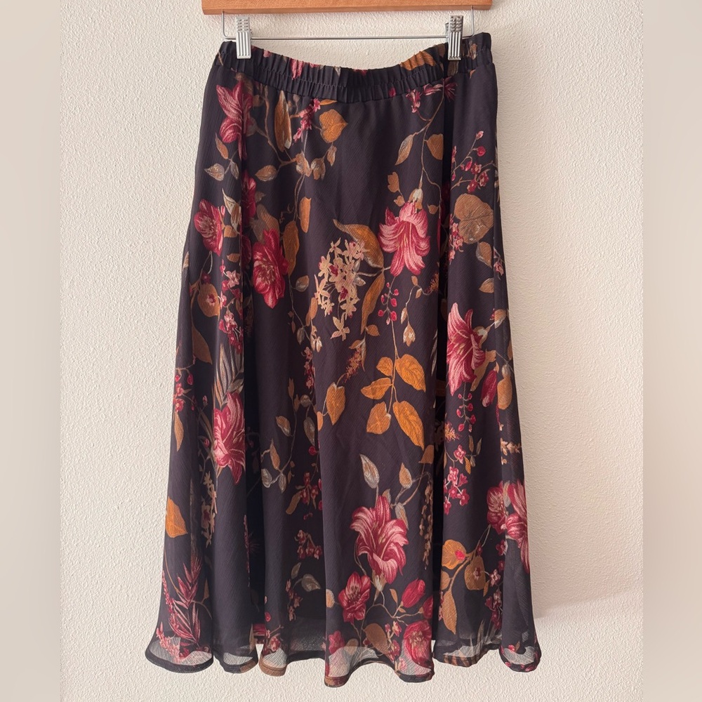 Floral Whimsical Midi Skirt Brown with Pink & Gold Floral Print